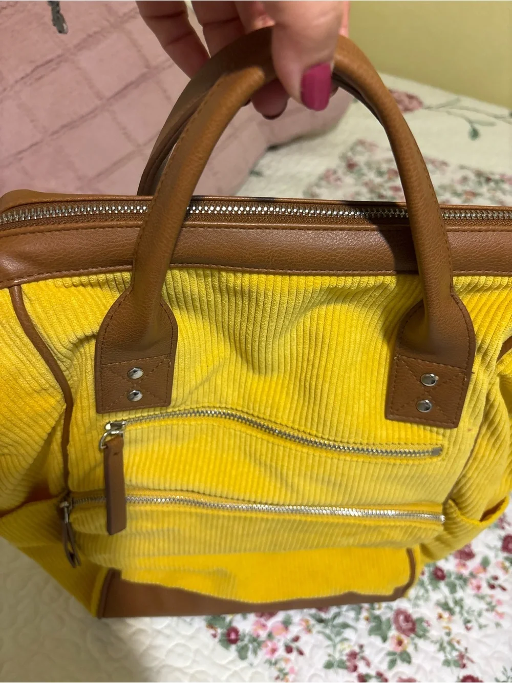 Yellow Corduroy Travel Backpack with Brown Trim